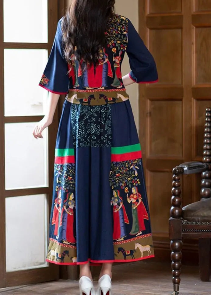 Navy Stand Collar Tops and Skirts Cotton Two Pieces Set Spring
