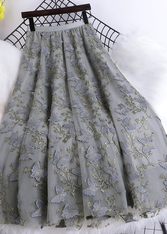 Black Butterfly Embroideried Elastic Waist Tulle Maxi Skirts Summer