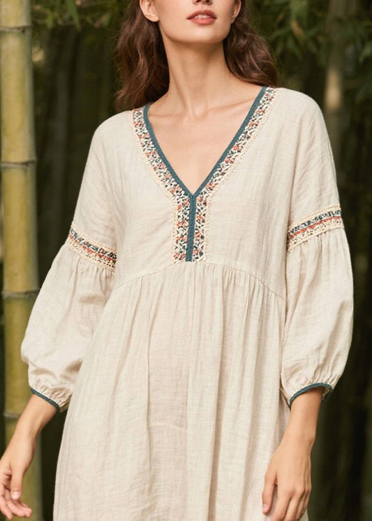 White V Neck Patchwork Linen Dress Bracelet Sleeve