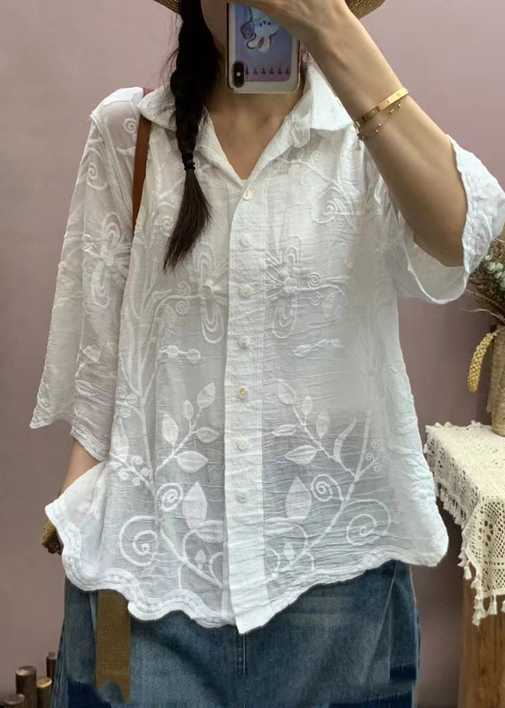 White Embroidered Cotton Top Half Sleeve