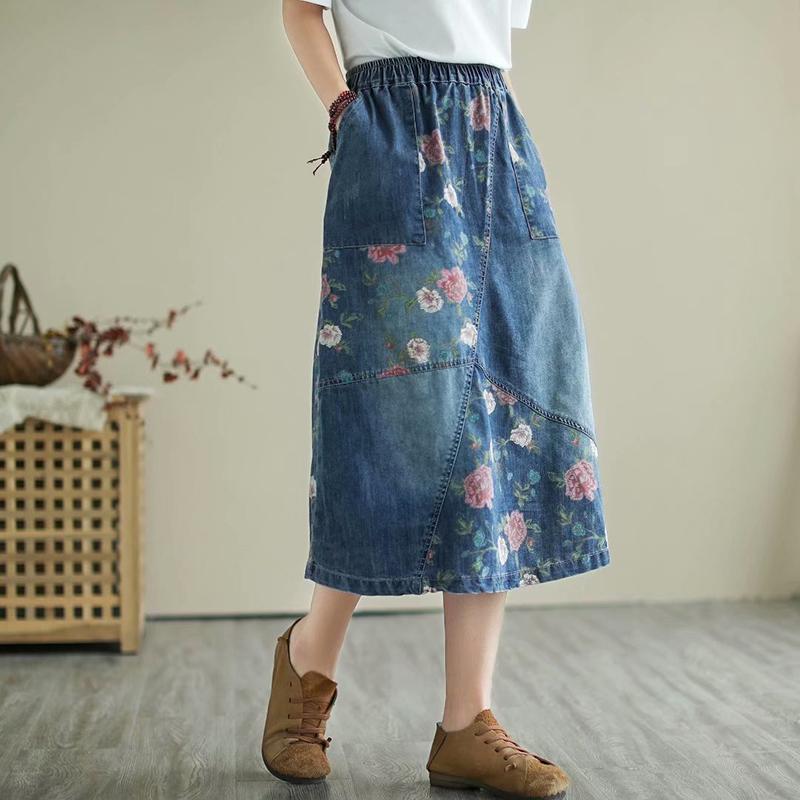 Retro Loose Patchwork Denim Skirt