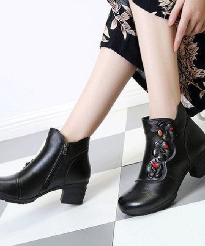 Black Chunky Heel Cowhide Leather Splicing Boots