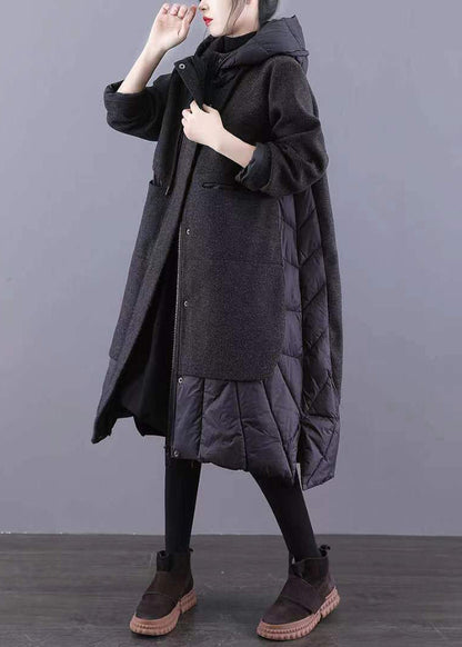 Black Hooded Pockets Patchwork Thick Long Coat Winter