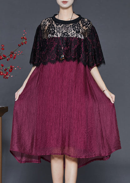 Dull Red Oversized Patchwork Lace Dress Summer