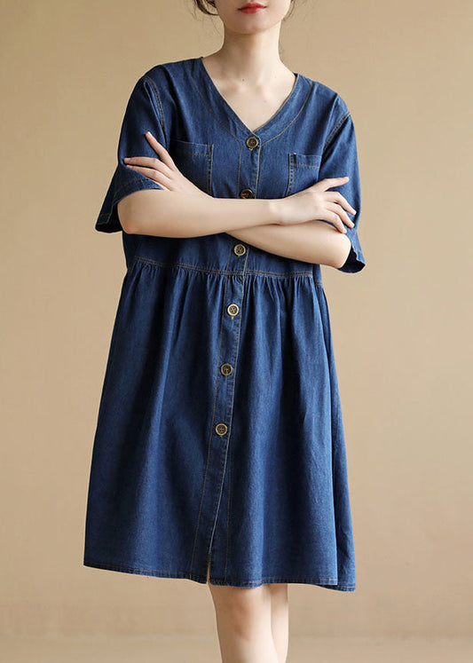Denim Blue V Neck Pockets Cotton a Line Dress Short Sleeve