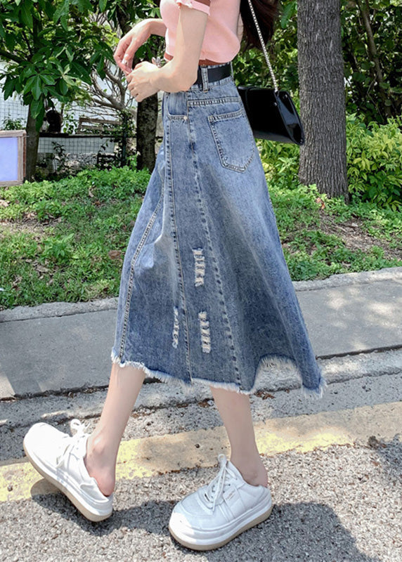 Modern Light Blue Patchwork Ripped a Line Denim Skirt