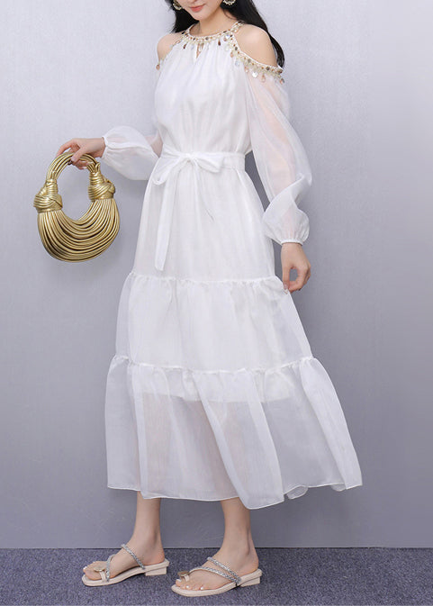 White Sequins Cold Shoulder Holiday Dress Summer
