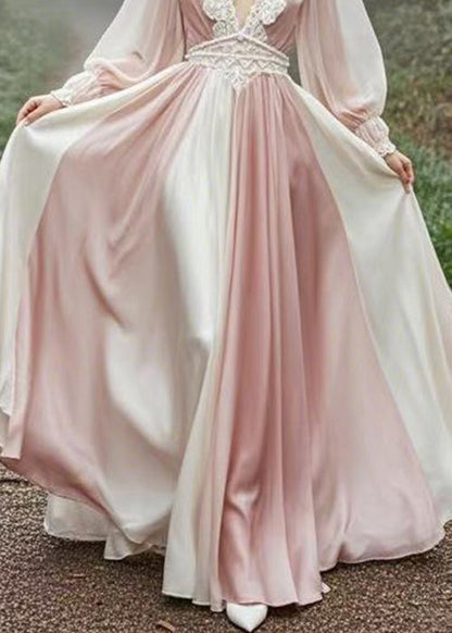 Pink V Neck High Waist Patchwork Maxi Dress Spring