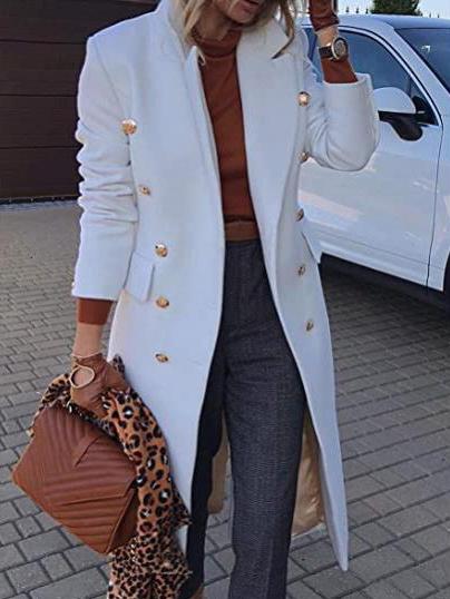 Coats Lapel Button Pocket Long Sleeve Woolen Coat