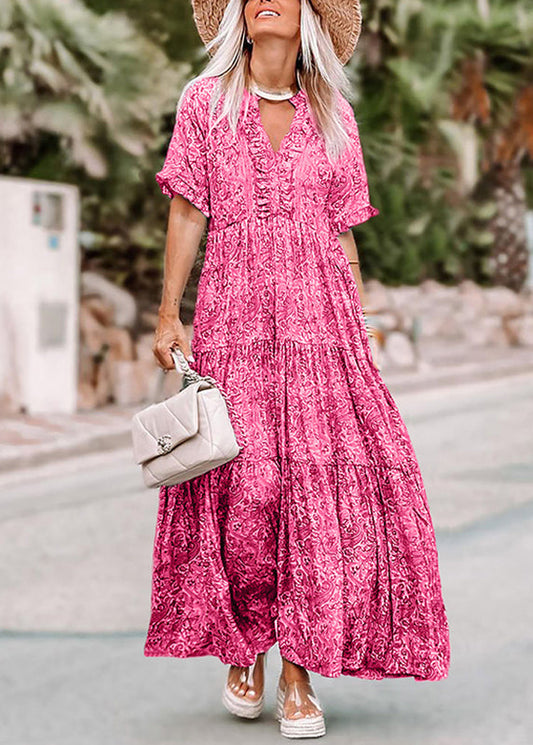 Pink V Neck Print Long Dresses Summer