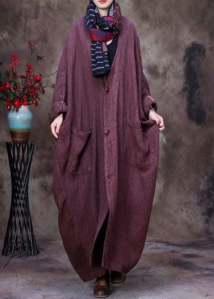 Coffee Linen Trench Coat V Neck Handmade Long Sleeve