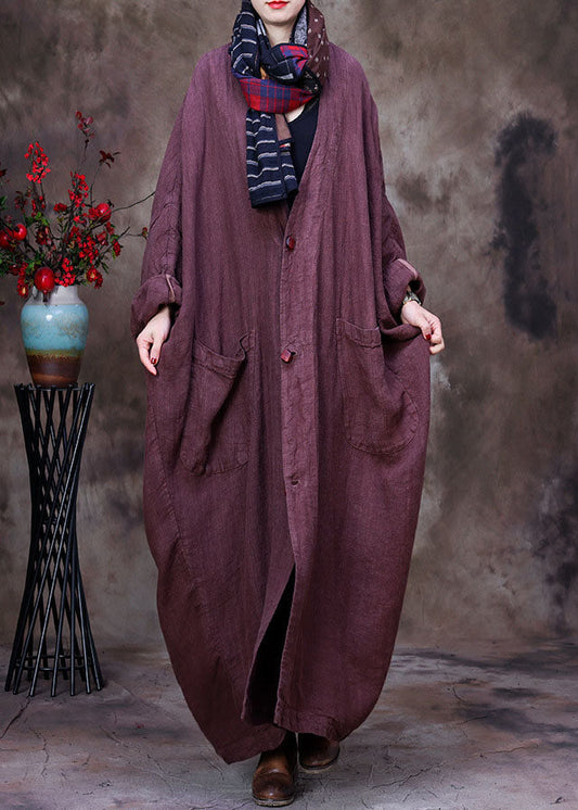 Coffee Linen Trench Coat V Neck Handmade Long Sleeve