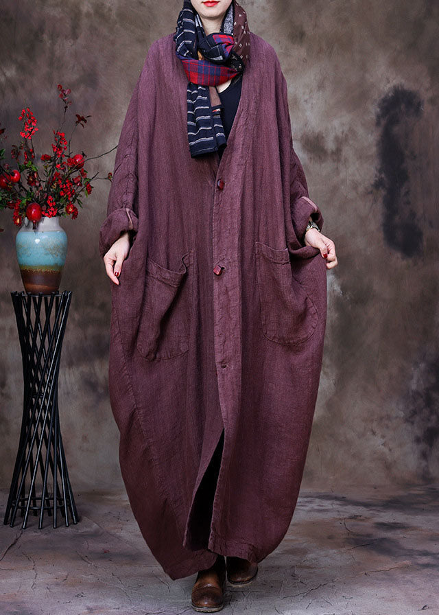 Coffee Linen Trench Coat V Neck Handmade Long Sleeve