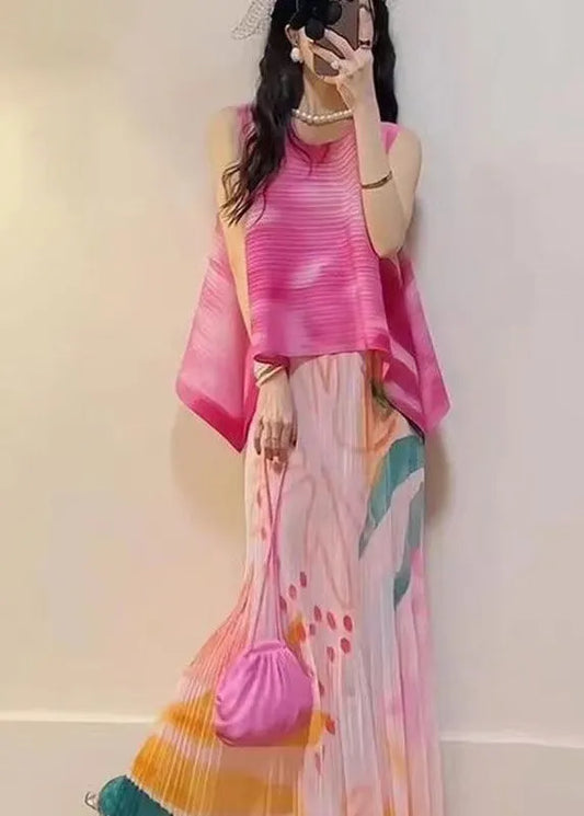 Stylish Pink Gradient Print Tops and Skirts 2 Piece Outfit Summer