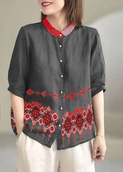 Navy Peter Pan Collar Button Loose Fall Half Sleeve Shirt Tops