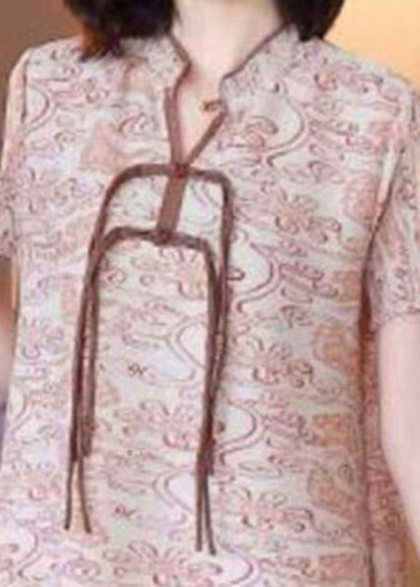 Khaki Print Tassel Side Open Silk a Line Dress Short Sleeve