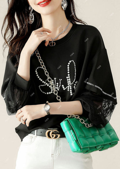 Black Tulle Print Cotton Loose Sweatshirt Spring