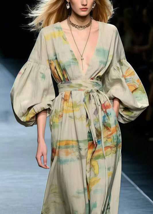 Apricot Cinched Print Cotton Long Dress Lantern Sleeve