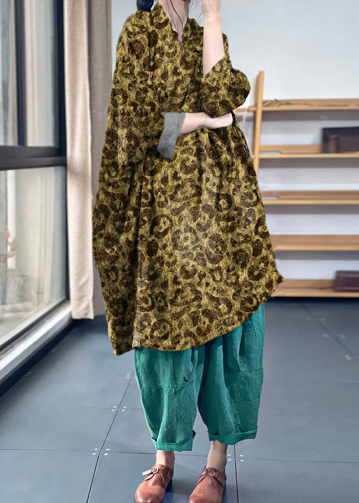 Green Oversized Print Cotton Dresses Batwing Sleeve