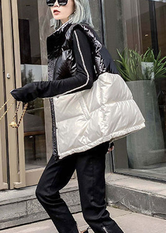 Black Patchwork White Pockets Bow Winter Sleeveless Puffer Vest