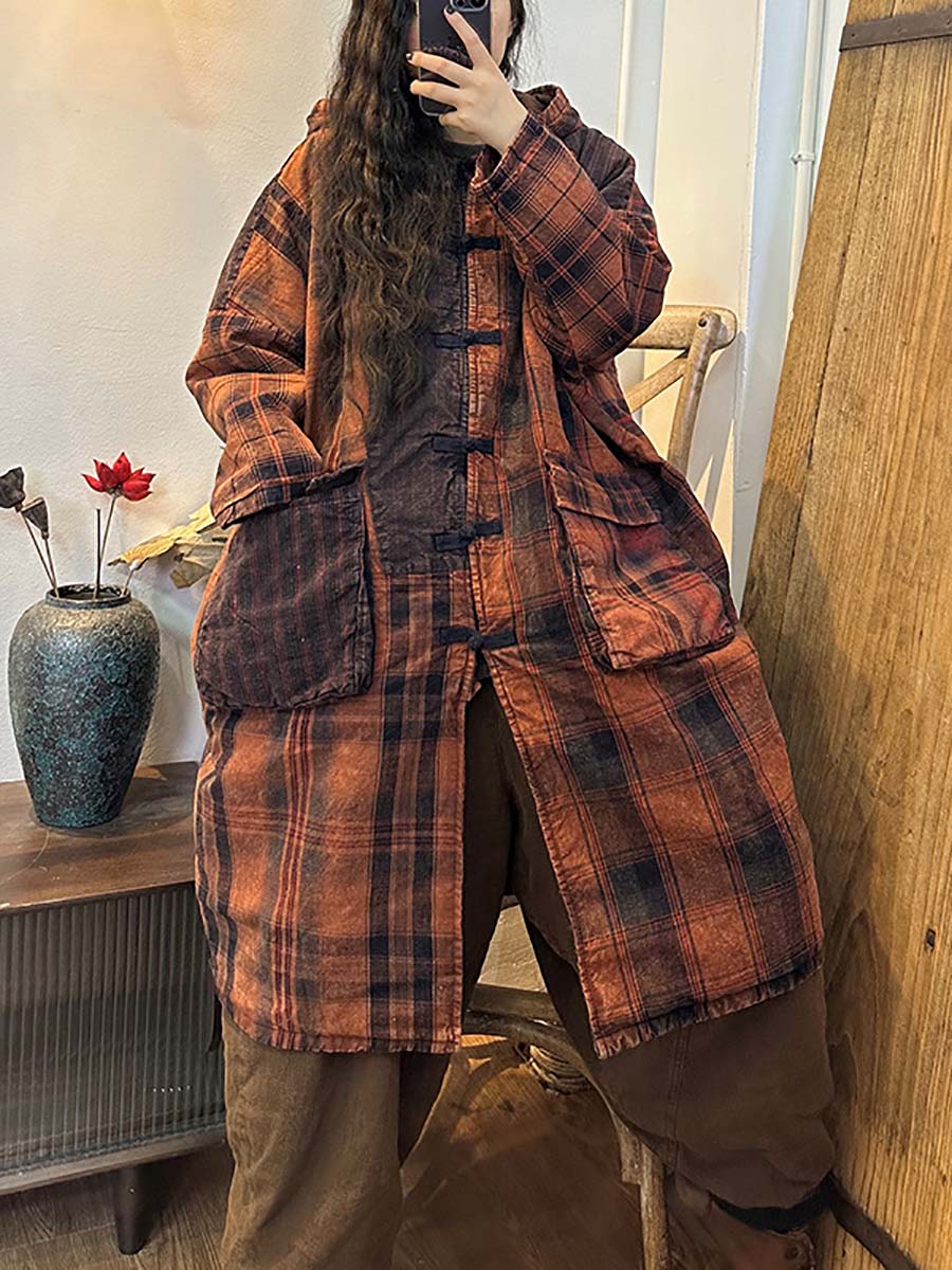 Button Plaid Stripe Splicing Hodded Coat