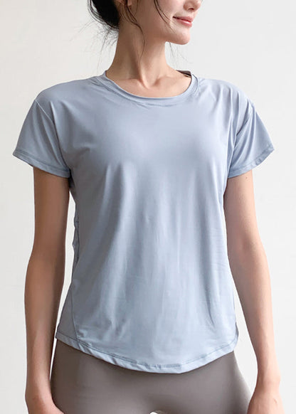 Light Blue Tulle Patchwork Short Sleeve Yoga Top