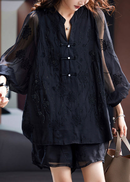 Black Embroidered Tops and Shorts Chiffon Tops Summer