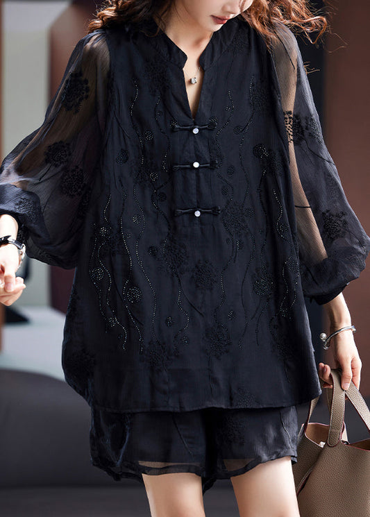 Black Embroidered Tops and Shorts Chiffon Tops Summer