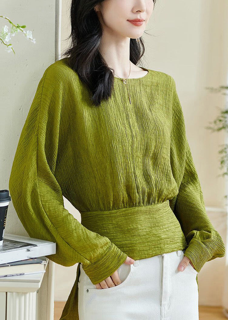 Green O-neck Patchwork Bow Top Lantern Sleeve