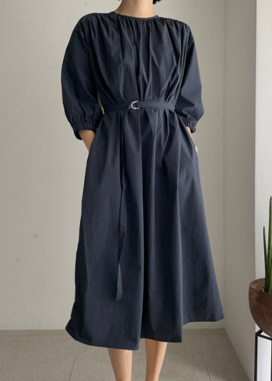 Navy O-neck Tie Waist Cotton Mid Dress Half Sleeve Long Dress