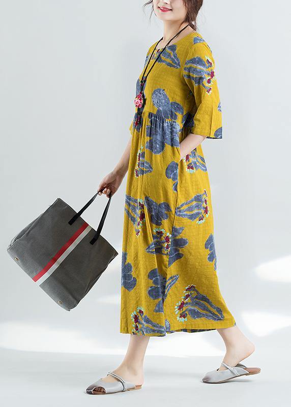 100% Yellow Prints Linen Dress Catwalk High Waist Summer Dresses