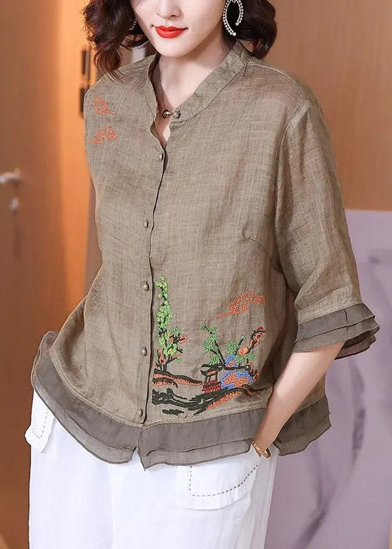 Pink Stand Collar Embroidered Button Linen Shirt Half Sleeve