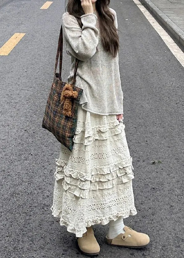 New Grey Knit Tops and Beige Ruffled Skirts Two Piece Set Spring