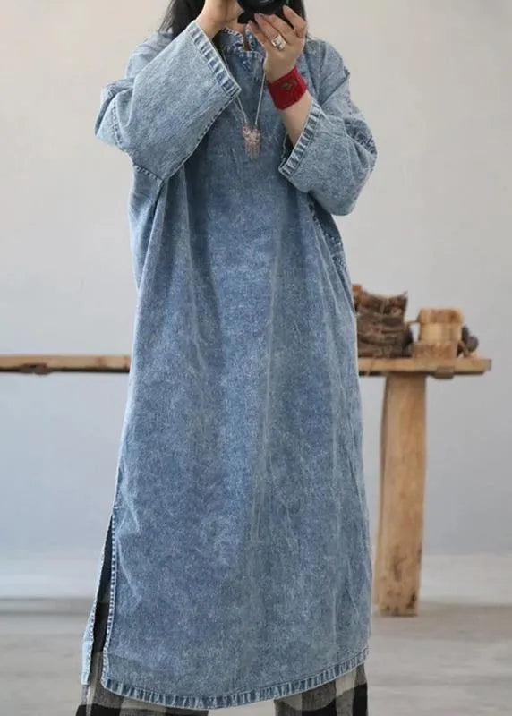 Cotton Dress Retro Color Frog Denim Blue Loose Dress