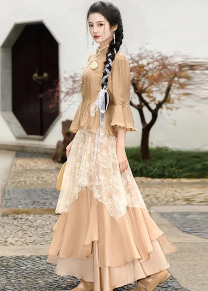 Khaki Ruffled Lace Patchwork Tops and Skirts Chiffon Two Pieces Set Summer
