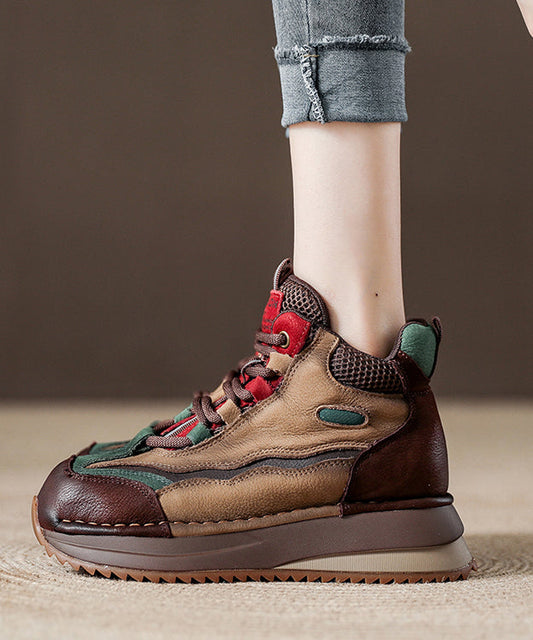 Green Lace Up Boots Splicing Platform Cowhide Leather
