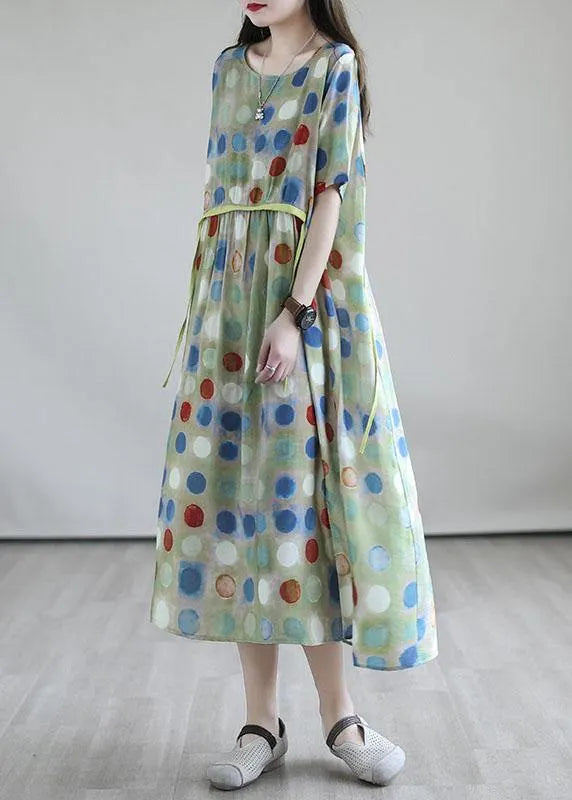 Italian Light Green Drawstring Patchwork Print Summer Cotton Vacation Dresses