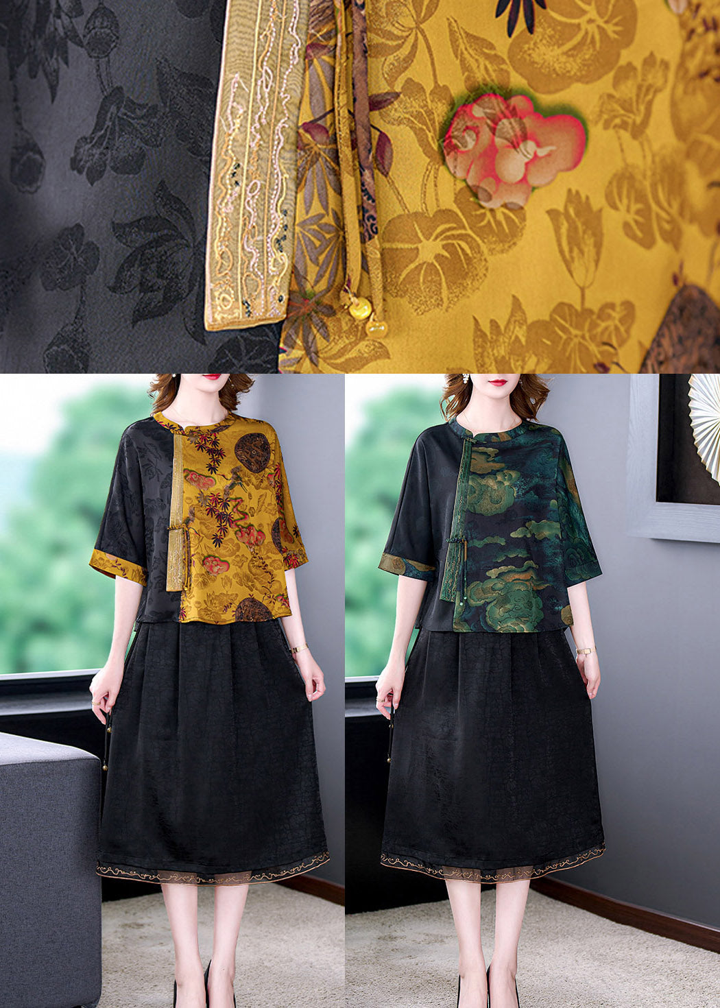 Green O-neck Print Patchwork Top Bracelet Sleeve