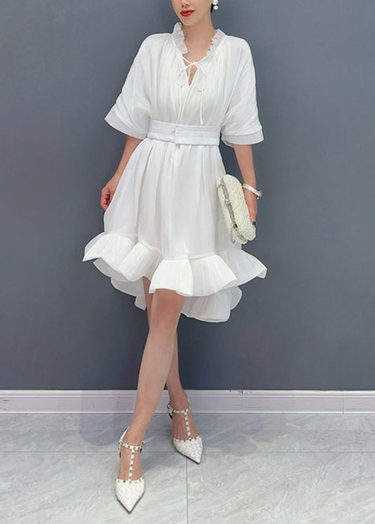 White V Neck Tie Lace Asymmetrical Short Dress