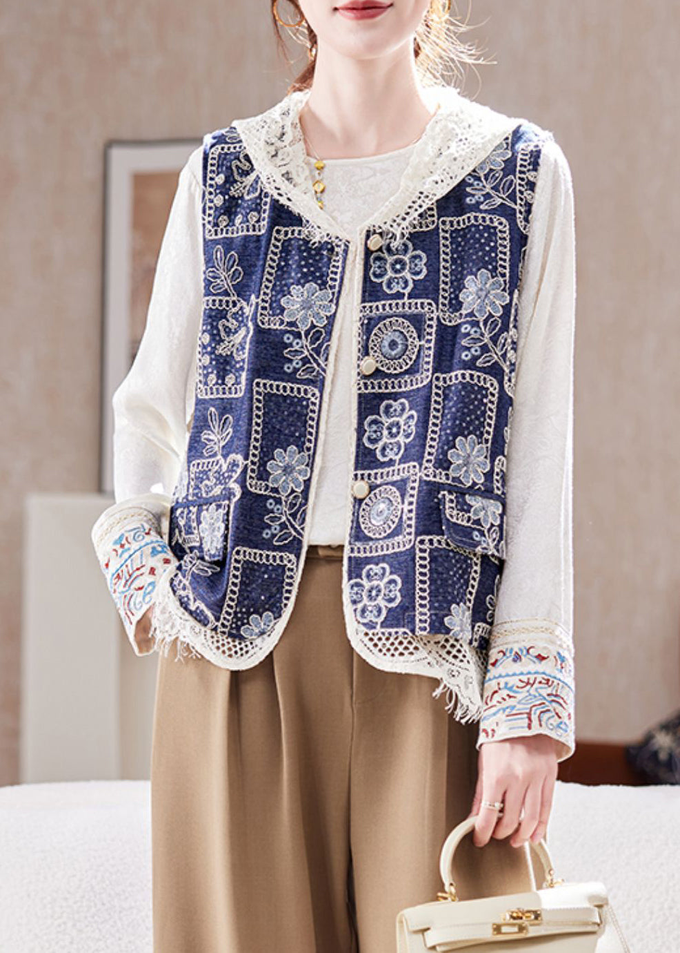 Italian Blue V Neck Print Hollow Out Denim Waistcoat Sleeveless