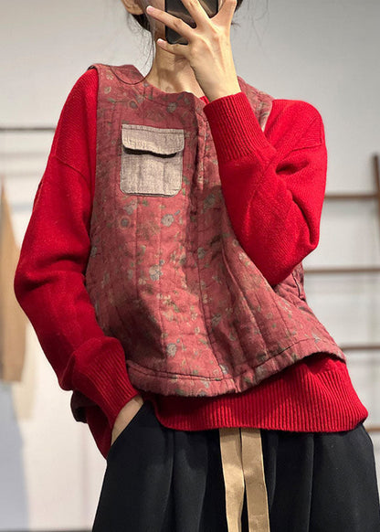 Red O-neck Patchwork Pocket Fine Cotton Filled Vest Tops Winter
