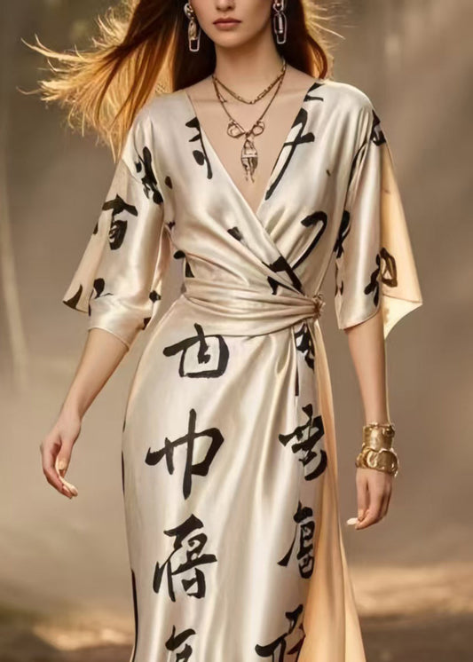 Champagne Print Draping Silk Cinched Dress Summer
