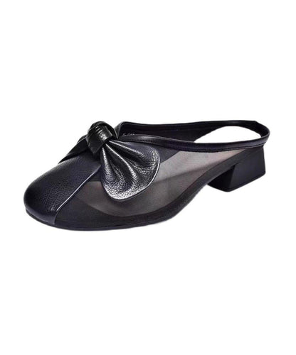 Bow Tulle Splicing Chunky Yellow Cowhide Leather Slide Sandals