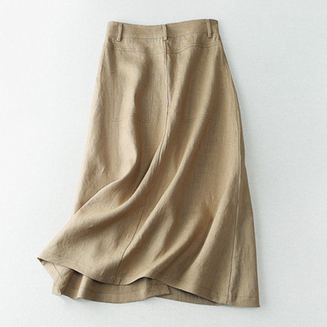 Khaki Linen A-line Midi Skirts for