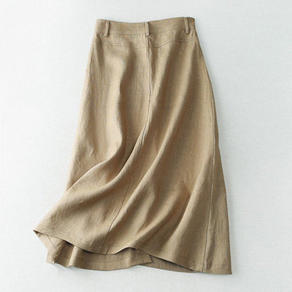 Khaki Linen A-line Midi Skirts for