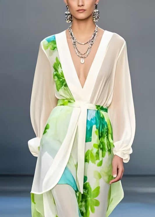 Silm Fit White Deep-v Neck Print Chiffon Dresses Spring