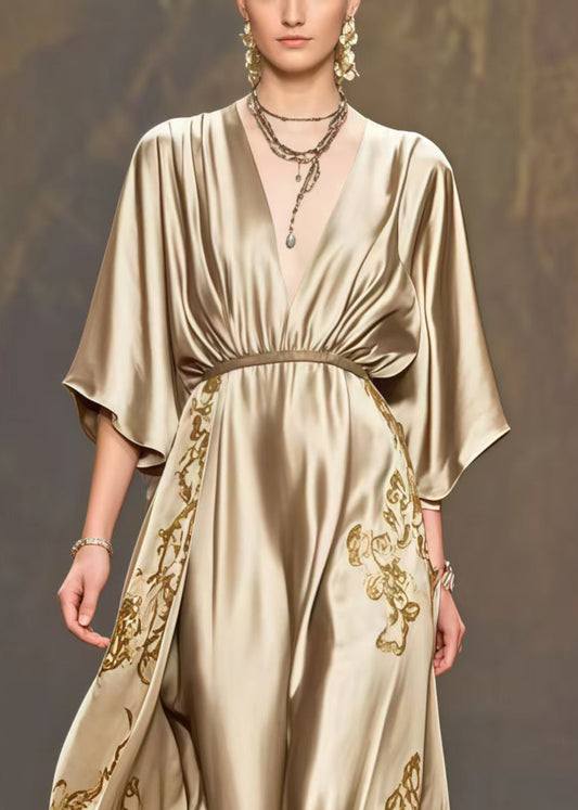 Golden Print Exra Large Hem Silk Maxi Dresses Summer