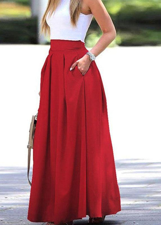 Color High Waist Big Swing Zipper Loose Long Skirt With Pocket