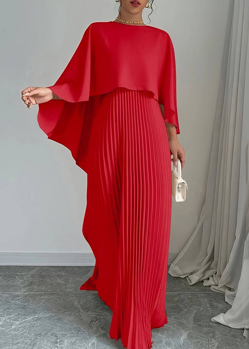 Red Wrinkled Long Dress Batwing Sleeve