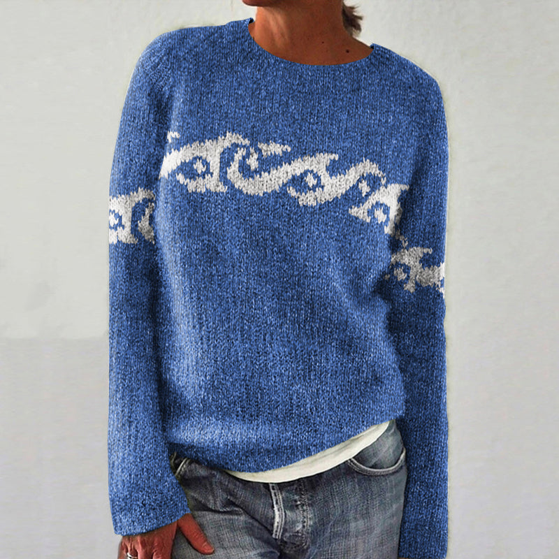 Retro Surf Jacquard Knit Crew Neck Sweater elevenforest